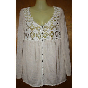 Ya Los Angeles Crochet Top Sz L Beige LS Button Down Women's Fashion